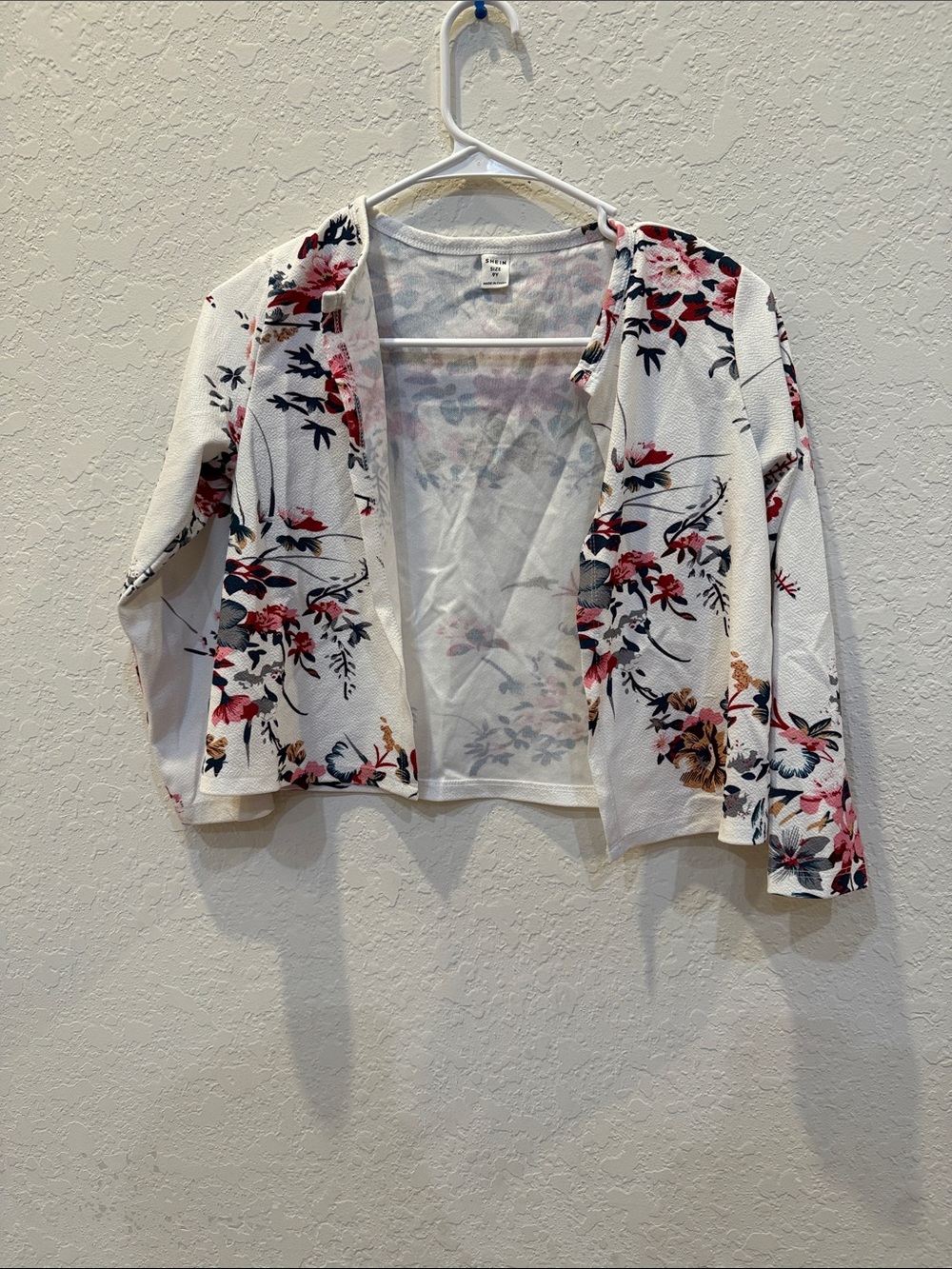 SHEIN White Open-Front Floral Blazer with Pink & Navy Accents